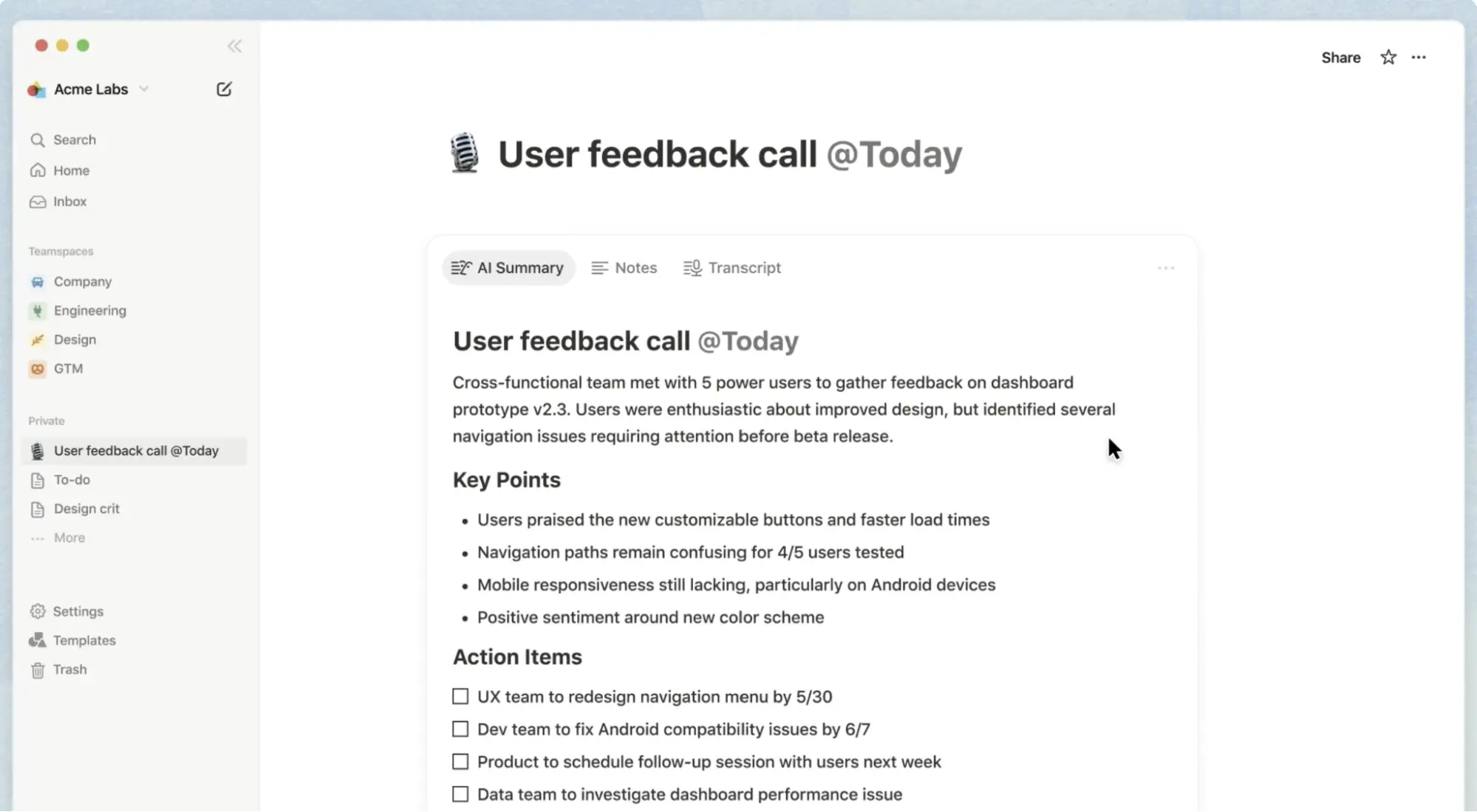 A screenshot of a sample of AI-generated meeting notes in Notion.